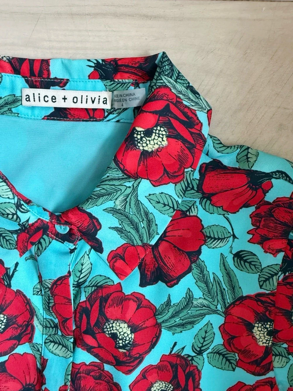 Alice + Olivia Aqua Dress with Red Floral Print - Picture 3 of 7
